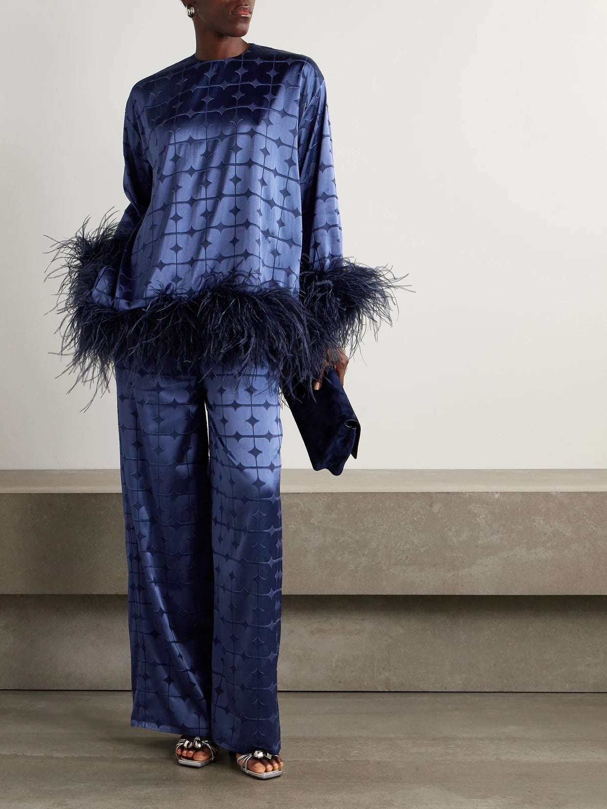Image of Blouses. Product name - Geometric Feather-trimmed Devoré-satin Blouse in Navy colour by brand - Dima Ayad