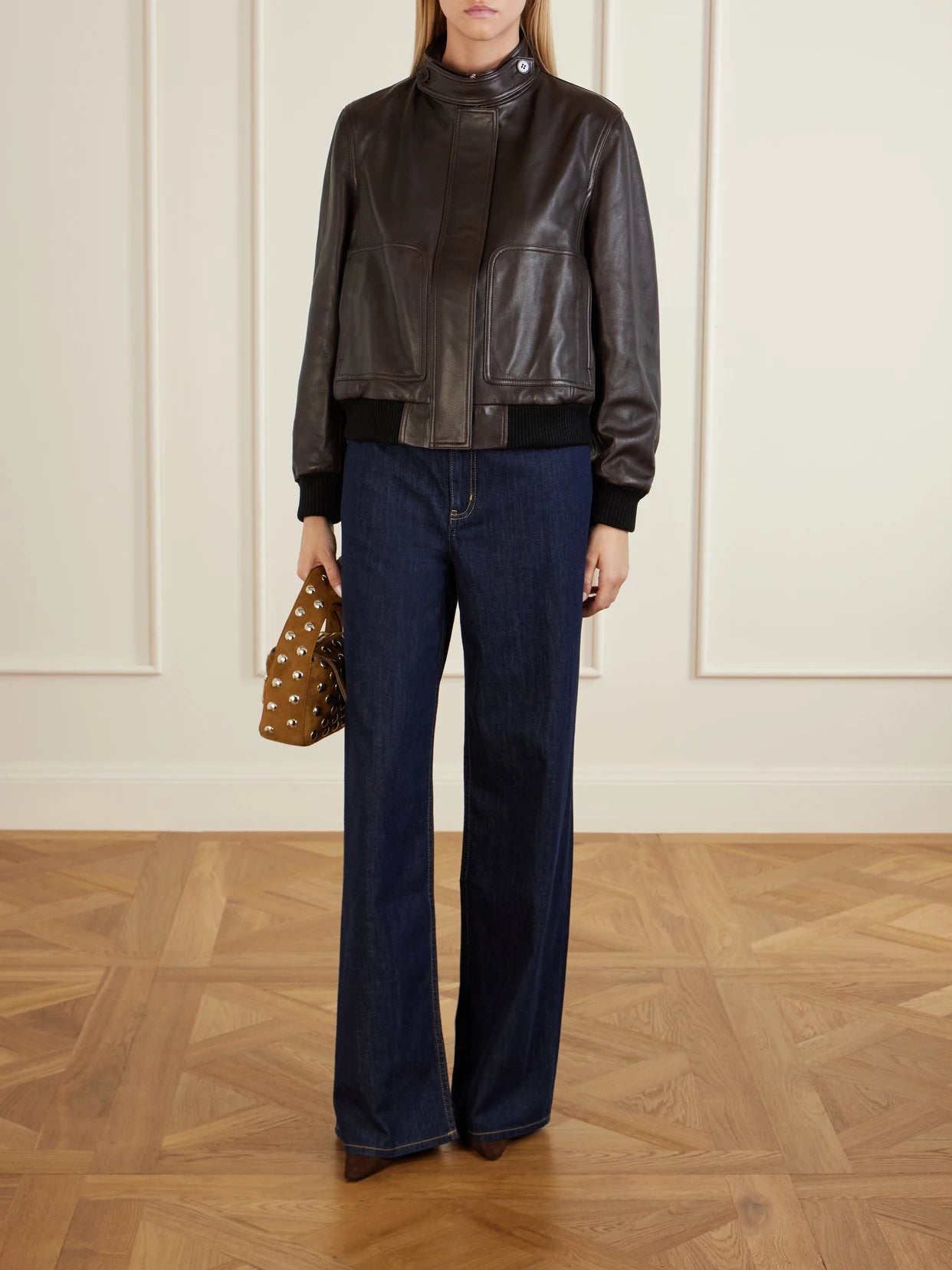 Image of Coats & Jackets. Product name - Rios Ribbed Leather Bomber Jacket in Dark brown colour by brand - Nour Hammour