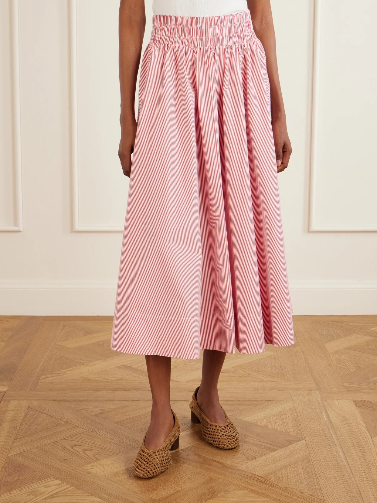 Kyria Shirred Striped Cotton-poplin Midi Skirt