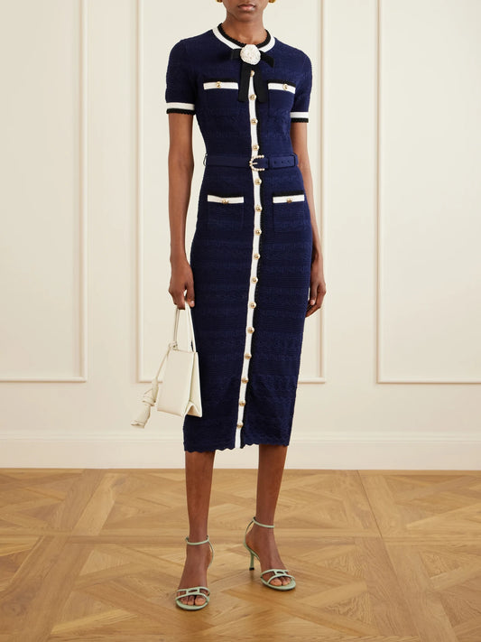 Embellished Bow-detailed Pointelle-knit Cotton-blend Midi Dress