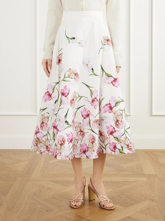 Oscar de la Renta Floral-print Cotton-blend Poplin Midi Skirt