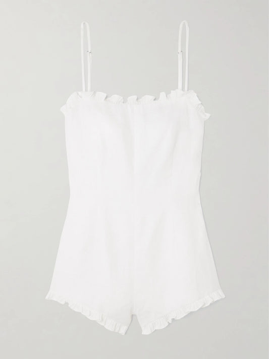 Image of Bodysuits. Product name - Florence Ruffled Linen Playsuit in White colour by brand - Posse