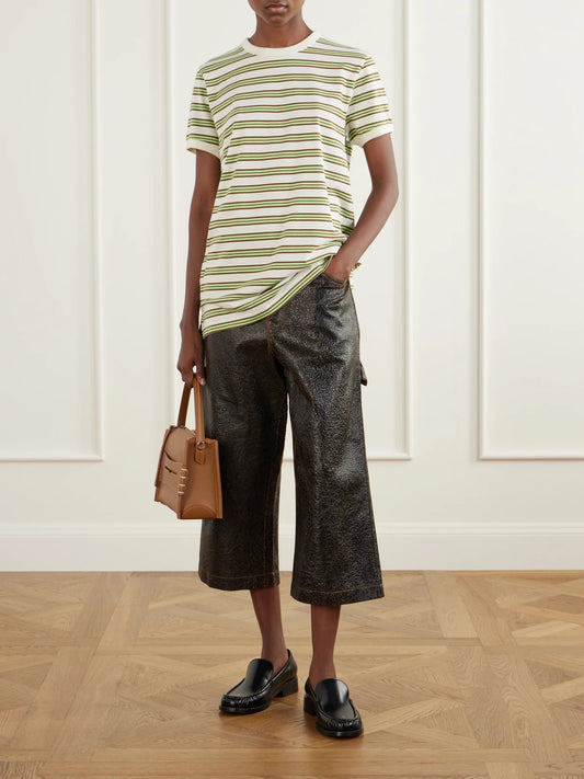 Image of Sleepwear & Loungewear. Product name - Striped Cotton-jersey T-shirt in Green colour by brand - Sanderlak