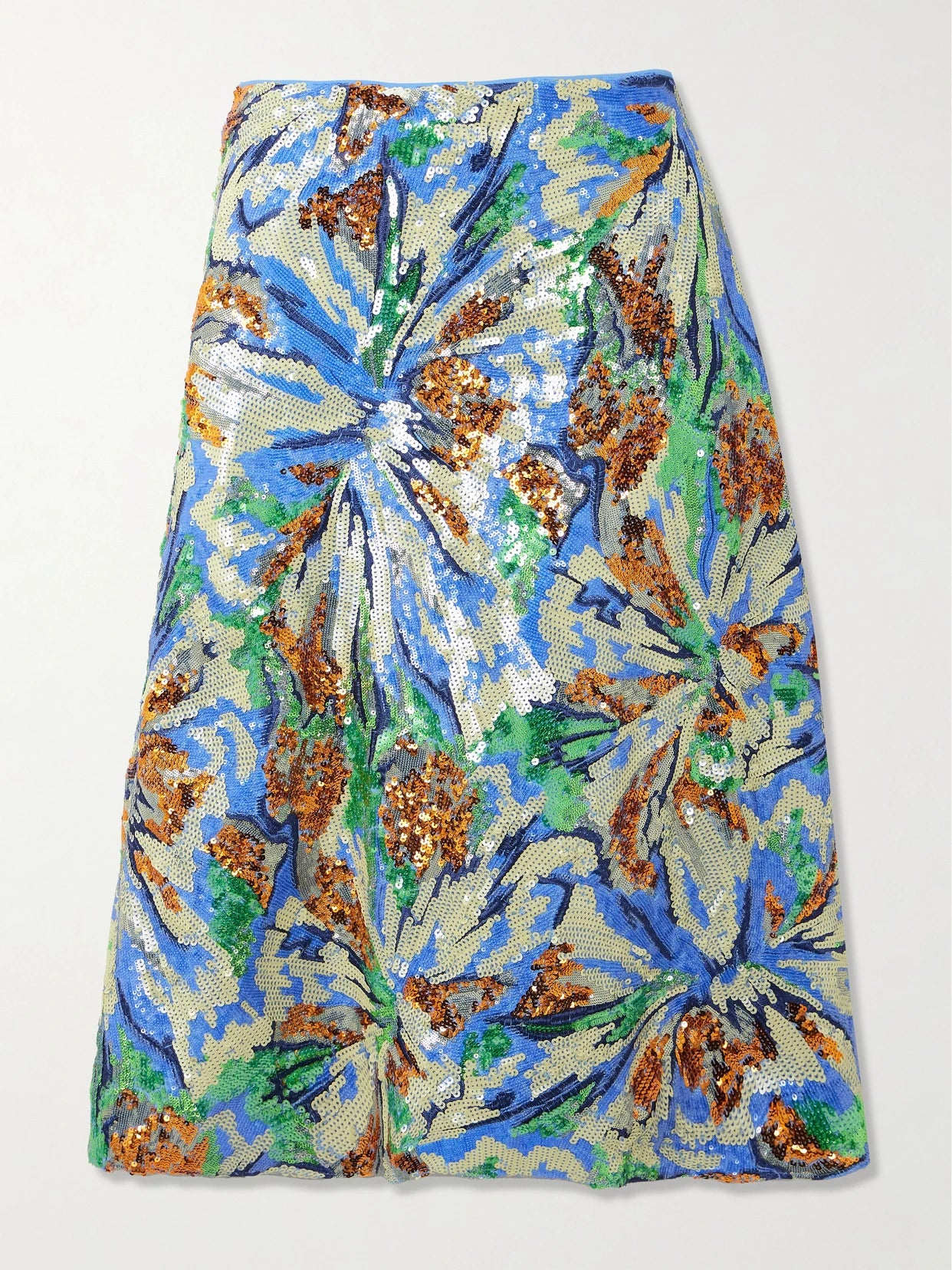 Image of a model wearing Skirts. Product name - Sequined Crepe Midi Skirt in Blue colour by brand - RABANNE