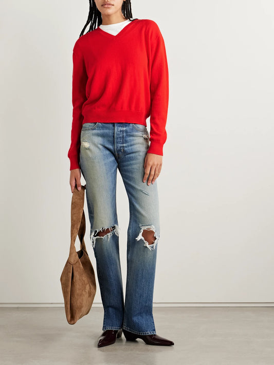 Image of a model wearing Outerwear. Product name - The Sanderson Cashmere Sweater in Red colour by brand - RÙADH