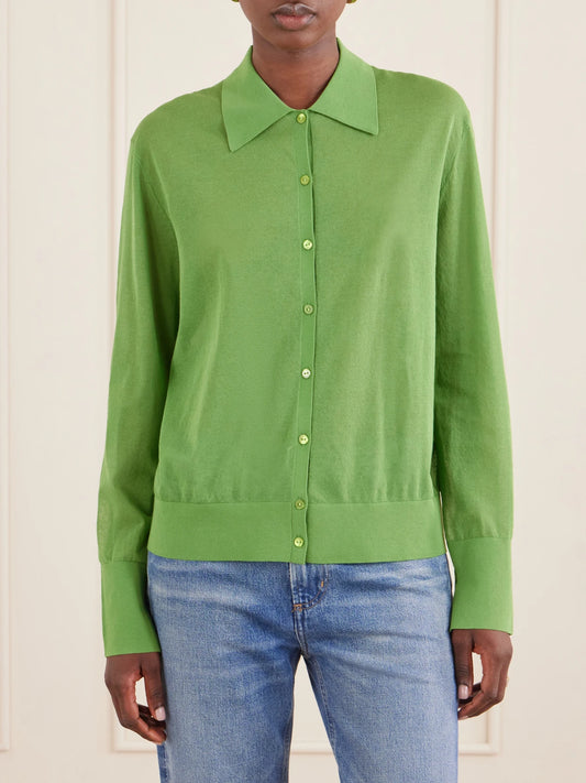 Image of a model wearing Outerwear. Product name - The Collared Cardi Cotton-blend Cardigan in Green colour by brand - FRAME