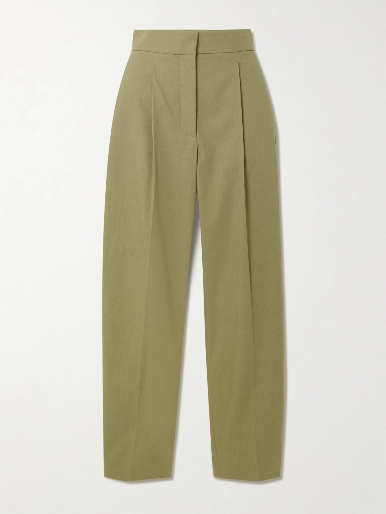 Image of a model wearing Pants. Product name - Paver Pleated Cotton Tapered Pants in Green colour by brand - Joseph