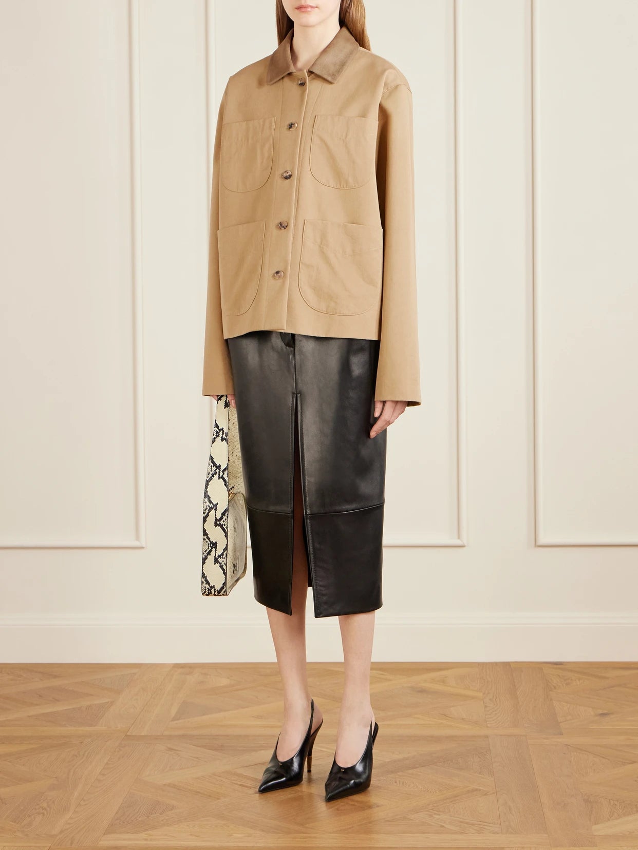 Image of Coats & Jackets. Product name - Wyatt Suede-trimmed Cotton-gabardine Jacket in Beige colour by brand - KHAITE