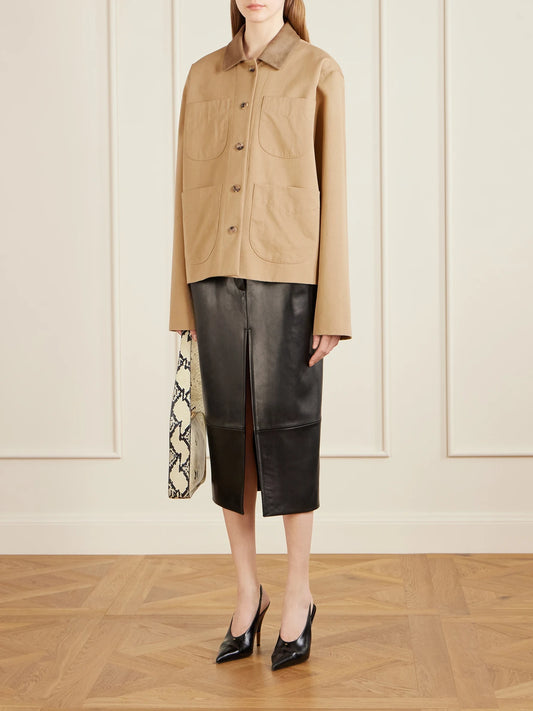 Image of Coats & Jackets. Product name - Wyatt Suede-trimmed Cotton-gabardine Jacket in Beige colour by brand - KHAITE