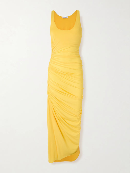 Image of Dresses. Product name - Gathered Stretch-jersey Midi Dress in Yellow colour by brand - Alaïa