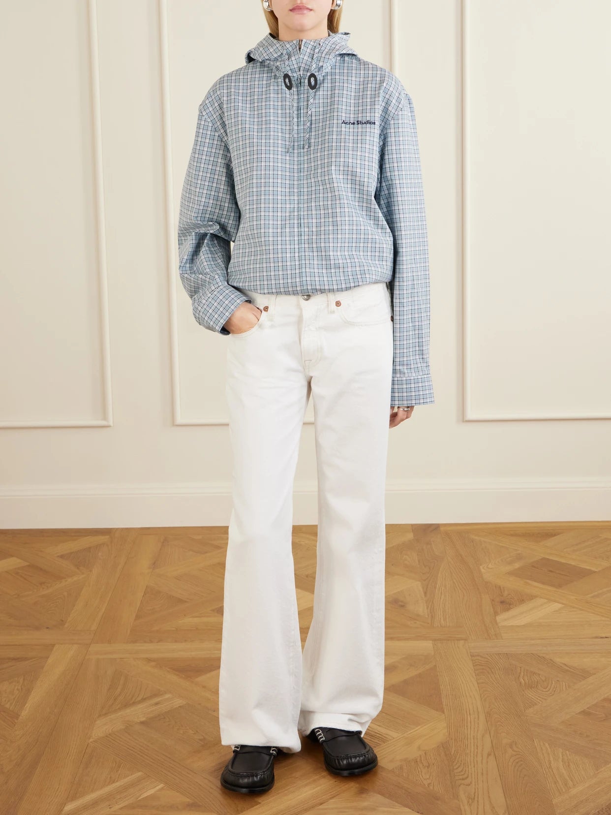 Image of Coats & Jackets. Product name - Ofass Summery Logo-embroidered Checked Cotton Jacket in Blue colour by brand - Acne Studios
