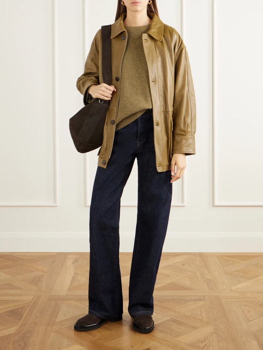 Image of Coats & Jackets. Product name - Maeve Paneled Leather Jacket in Dark green colour by brand - ARMA