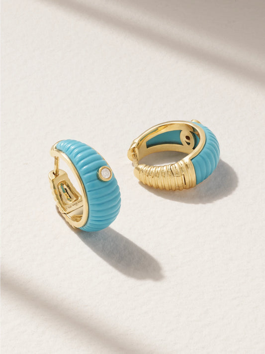 Berlingot 9-karat Gold, Turquoise And Diamond Hoop Earrings