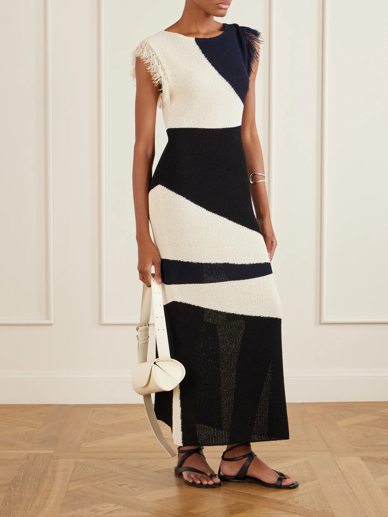 Image of Dresses. Product name - Saskia Intarsia-knit Woven Midi Dress in Multi colour by brand - Proenza Schouler