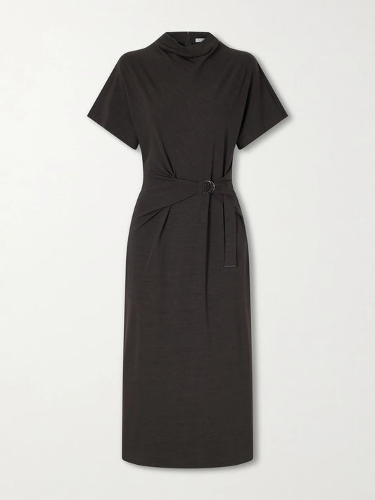 Image of Dresses. Product name - Wrapped Jersey Midi Dress in Brown colour by brand - Brunello Cucinelli