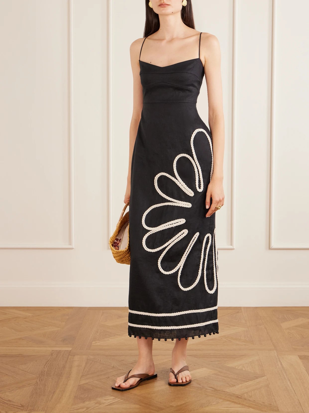 Image of Dresses. Product name - Paloma Bead-embellsihed Embroidered Linen Midi Dress in Black colour by brand - Cala de la Cruz