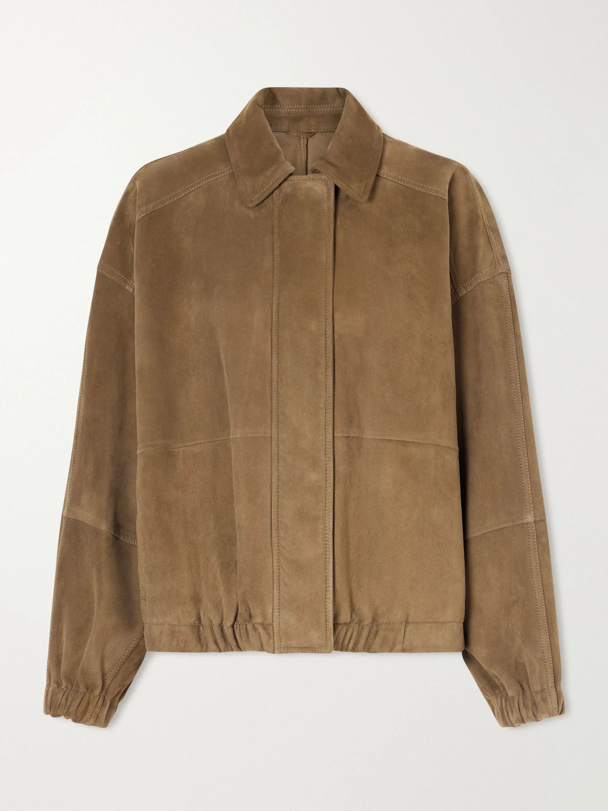 Image of Coats & Jackets. Product name - Paneled Suede Bomber Jacket in Brown colour by brand - Brunello Cucinelli