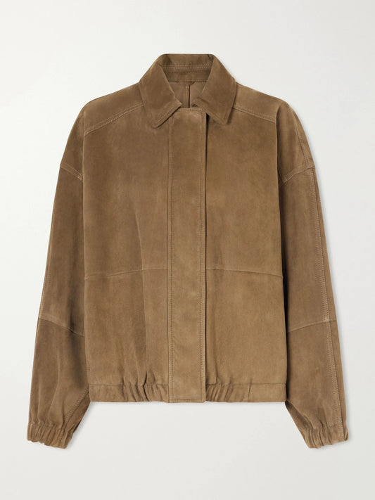 Image of Coats & Jackets. Product name - Paneled Suede Bomber Jacket in Brown colour by brand - Brunello Cucinelli