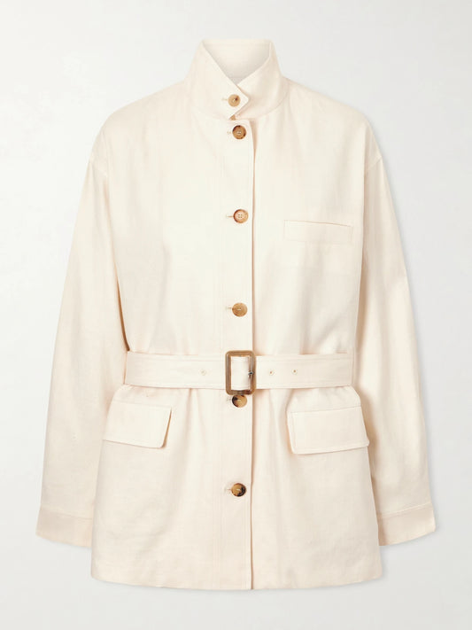 Image of Coats & Jackets. Product name - Lismore Belted Linen And Wool-blend Jacket in Peach colour by brand - Loro Piana