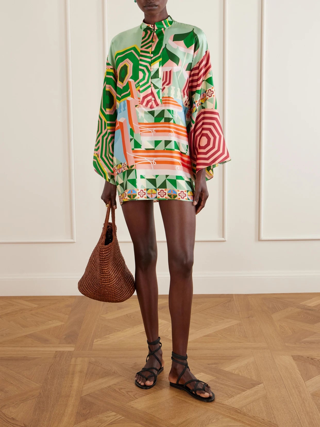 Image of Dresses. Product name - Maria Printed Silk-blend Satin Coverup in Multi colour by brand - Cristiano Marcheli