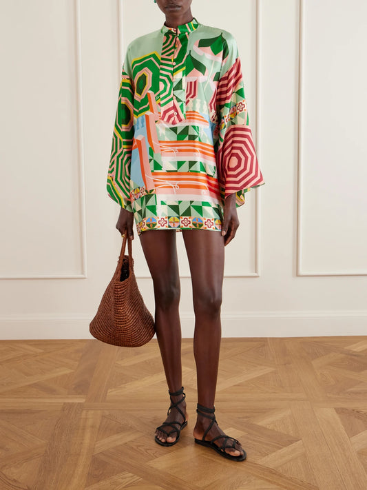 Image of Dresses. Product name - Maria Printed Silk-blend Satin Coverup in Multi colour by brand - Cristiano Marcheli