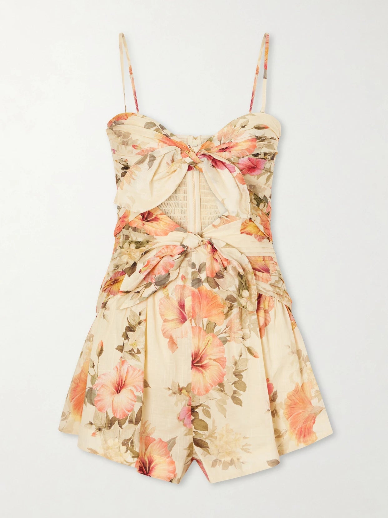 Image of Bodysuits. Product name - Mahon Cut-out Gathered Floral-print Cotton Playsuit in Orange colour by brand - Zimmermann