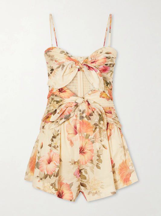 Image of Bodysuits. Product name - Mahon Cut-out Gathered Floral-print Cotton Playsuit in Orange colour by brand - Zimmermann