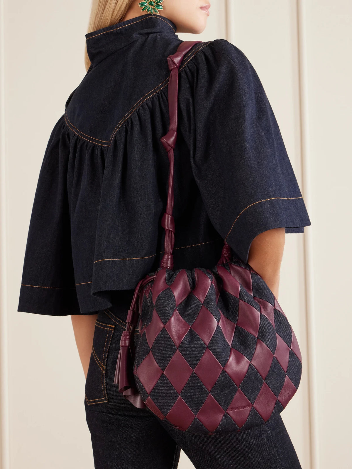 Image of Bags. Product name - Cloud 91 Leather And Denim Shoulder Bag in Burgundy colour by brand - Zimmermann