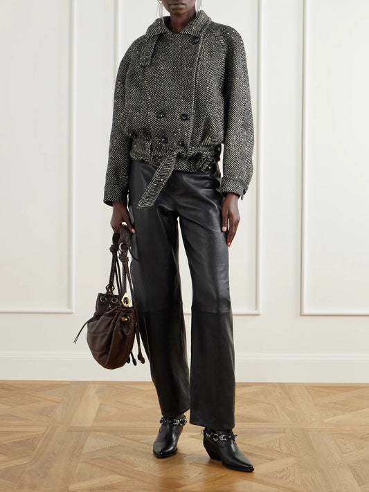 Image of Coats & Jackets. Product name - Elvane Belted Herringbone Wool-blend Coat in Gray colour by brand - ISABEL MARANT