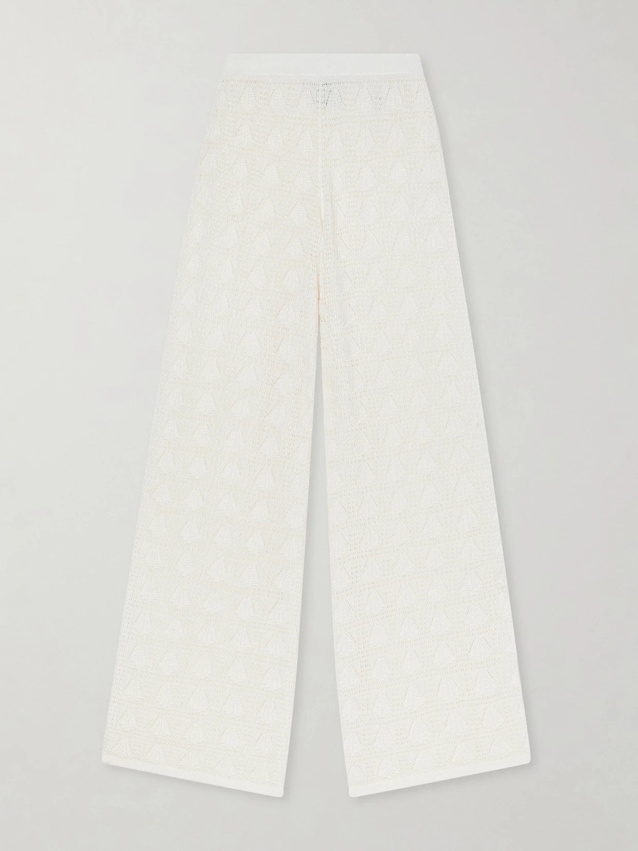 Image of a model wearing Pants. Product name - Egeo Pointelle-knit Wide-leg Pants in Ivory colour by brand - Loulou de Saison