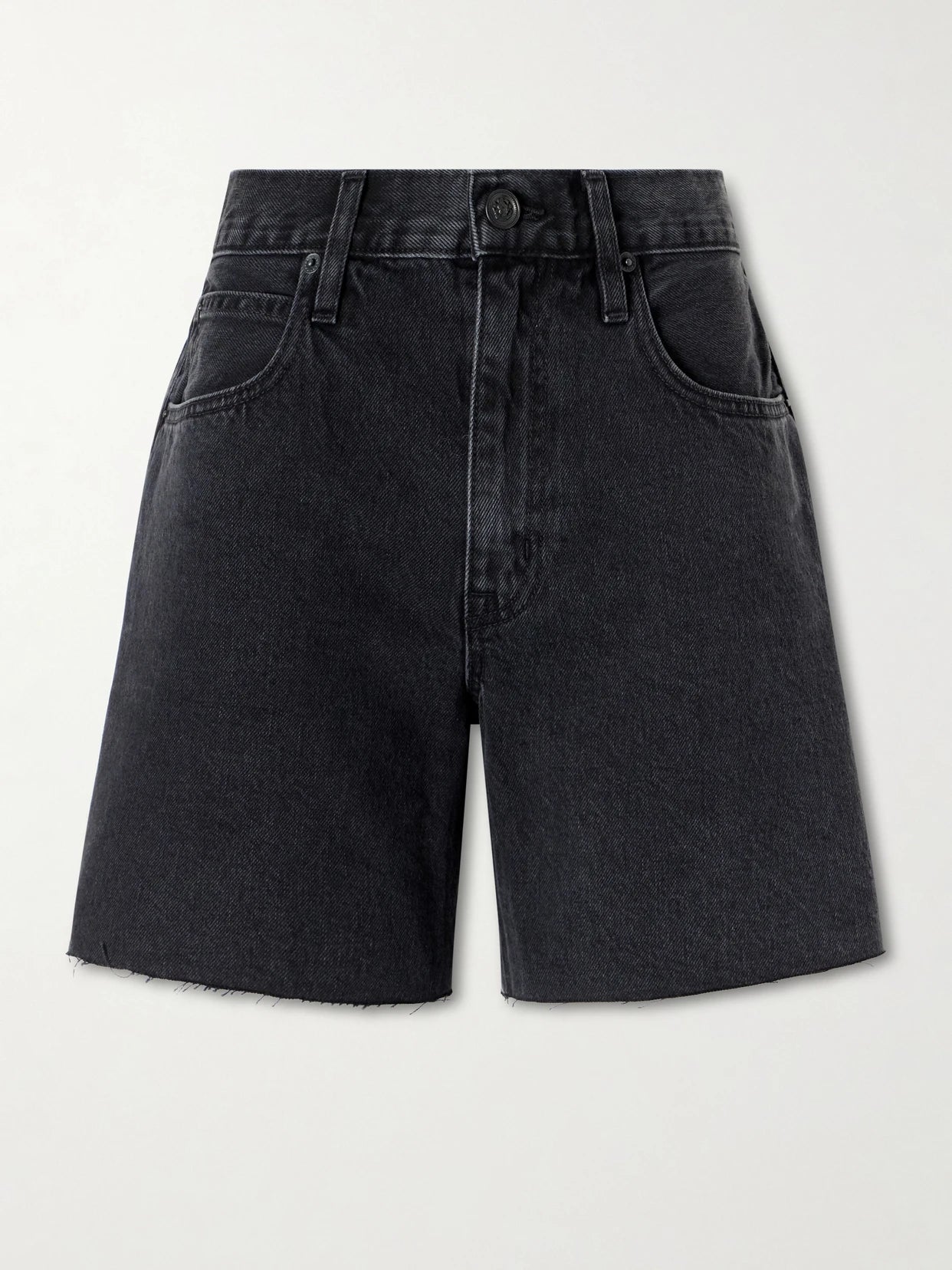 Image of a model wearing Shorts. Product name - Sienna Frayed Denim Shorts in Black colour by brand - SLVRLAKE