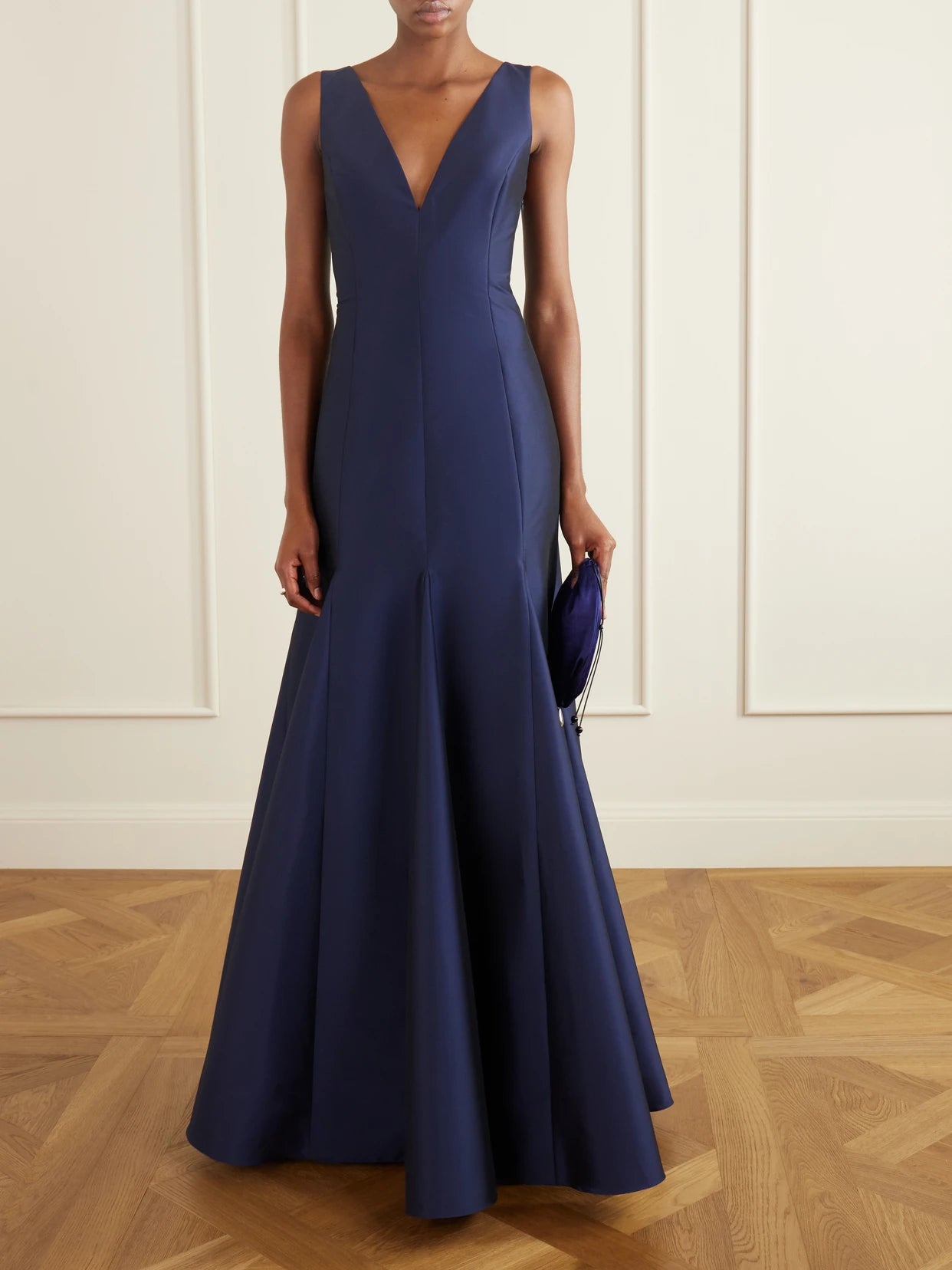 Image of Dresses. Product name - Aurelia Paneled Crepe Gown in Midnight blue colour by brand - BERNADETTE