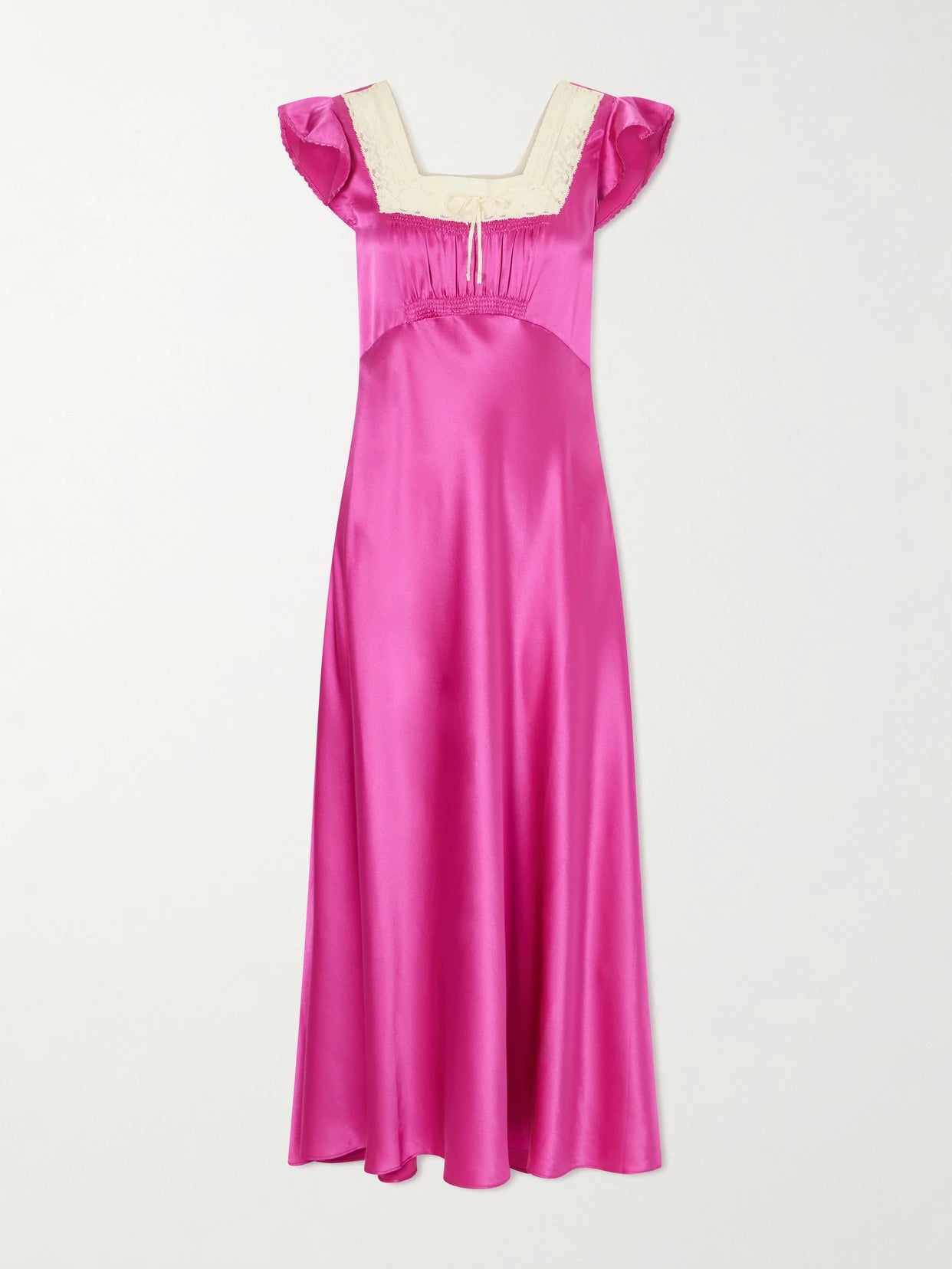 Image of Dresses. Product name - Corina Lace-trimmed Silk-satin Midi Dress in Pink colour by brand - DÔEN