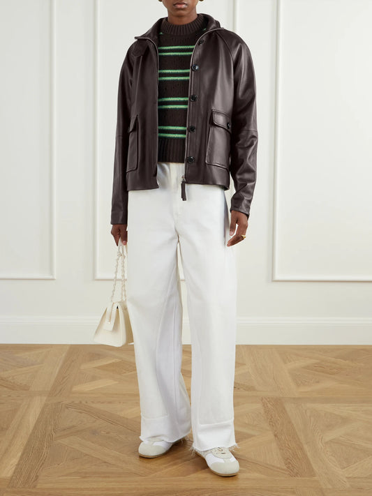 Image of Coats & Jackets. Product name - Gio Leather Jacket in Chocolate colour by brand - Proenza Schouler White Label