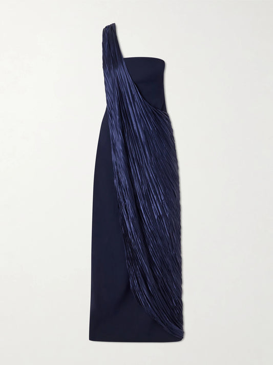 Strapless Pleated Satin-trimmed Crepe Gown