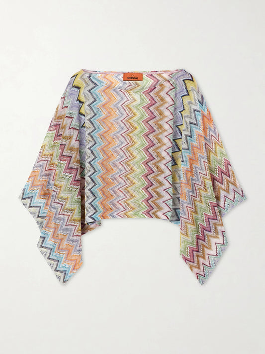 Image of a model wearing Tops. Product name - Striped Cropped Metallic Crochet-knit Top in Blue colour by brand - Missoni
