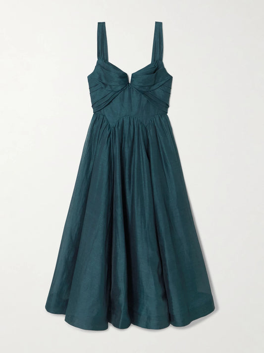 Image of Dresses. Product name - Rebellion Linen And Silk-blend Bustier Midi Dress in Teal colour by brand - Zimmermann