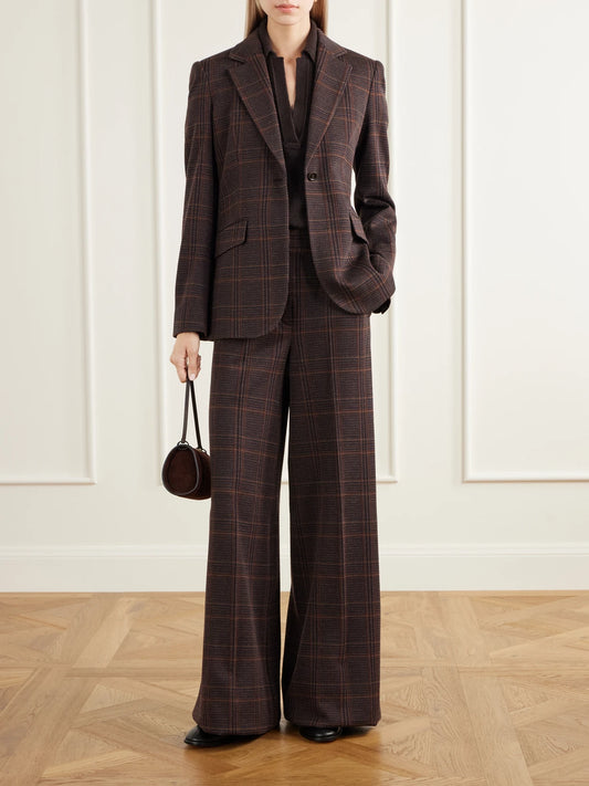 Image of a model wearing Pants. Product name - Emiro Prince Of Wales Checked Wool And Cotton-blend Twill Wide-leg Pants in Brown colour by brand - Max Mara