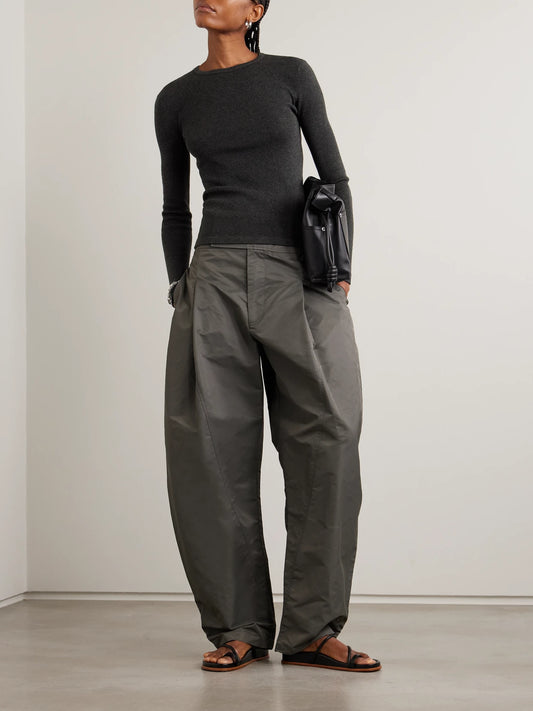 Image of a model wearing Outerwear. Product name - Vivian Ribbed Cotton And Cashmere-blend T-shirt in Charcoal colour by brand - LISA YANG