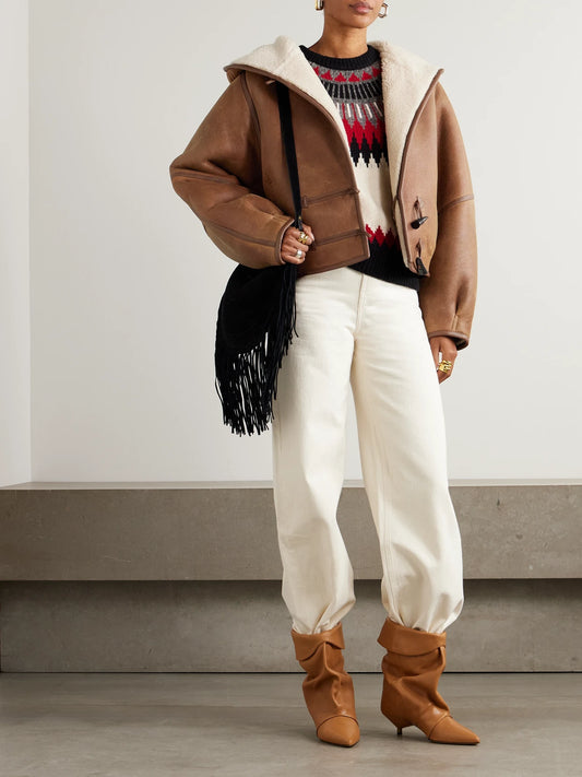 Image of Coats & Jackets. Product name - Amiel Leather-trimmed Shearling Hooded Jacket in Tan colour by brand - ISABEL MARANT