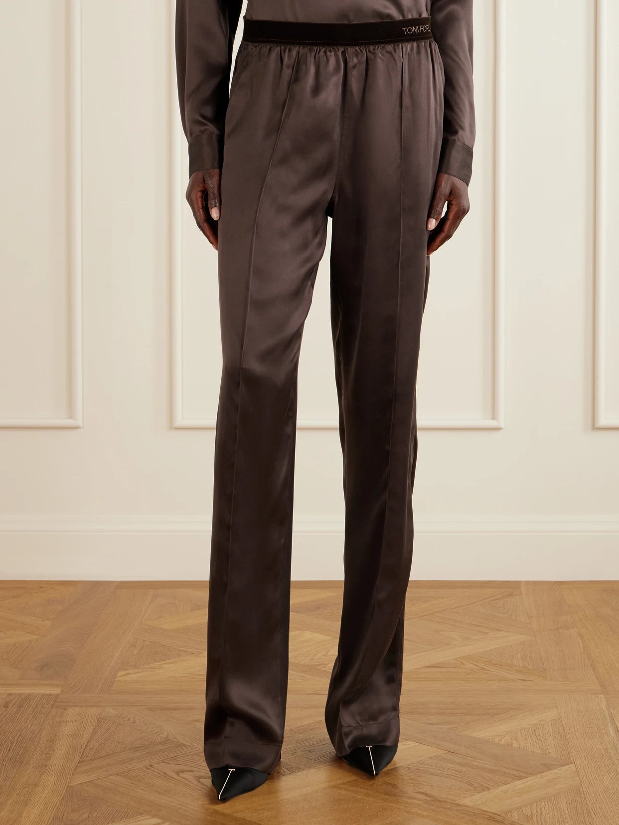 Velvet-trimmed Silk-satin Straight-leg Pants