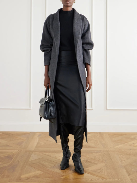 Image of Coats & Jackets. Product name - Mara Belted Wool And Cashmere-blend Coat in Dark gray, Brown colour by brand - Almada