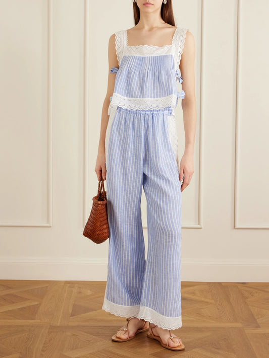 Image of a model wearing Pants. Product name - Clarissa Bow-embellished Striped Broderie Anglaise-trimmed Linen Straight-leg Pants in Blue colour by brand - Loretta Caponi