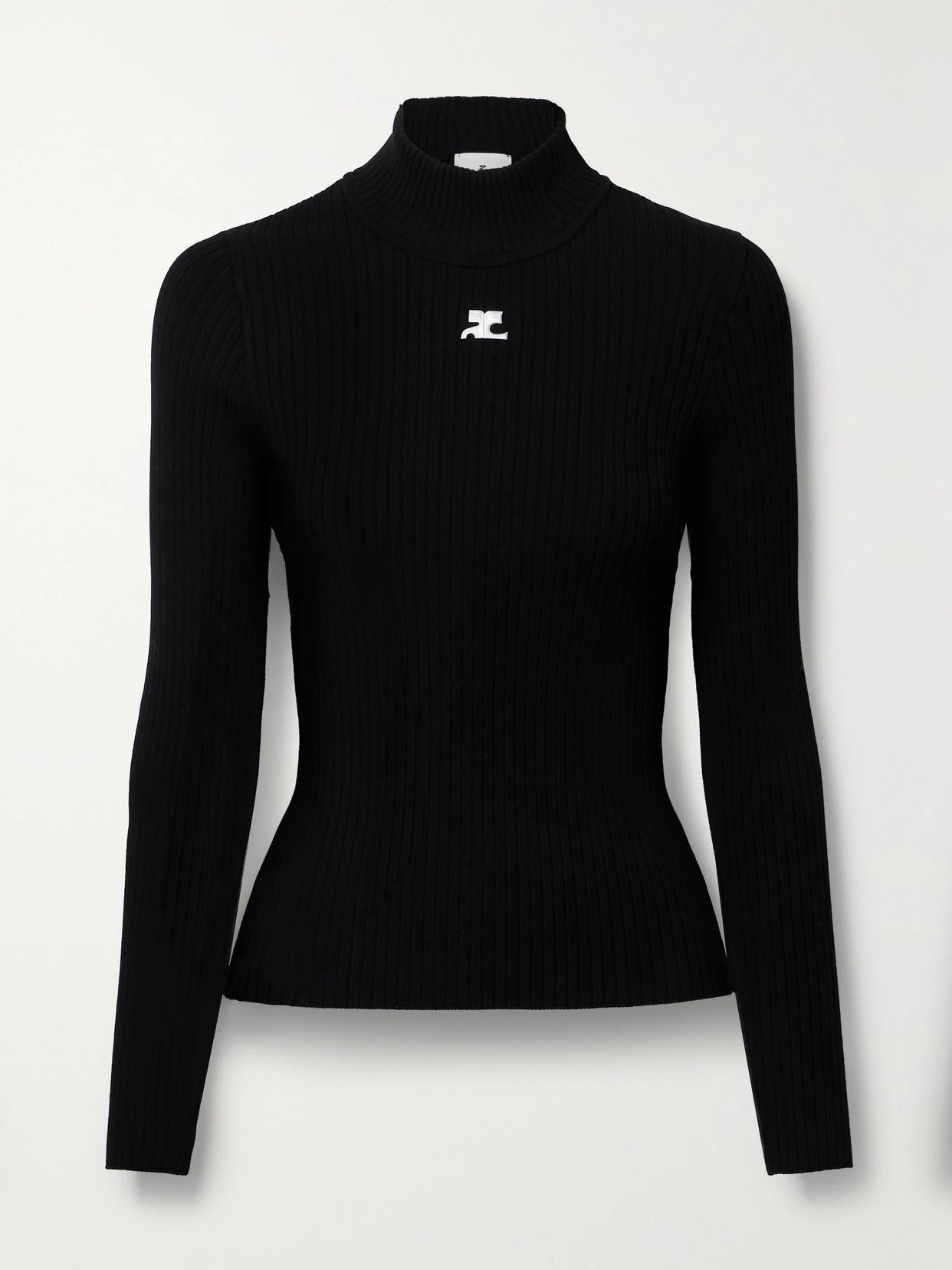 Image of a model wearing Outerwear. Product name - Reedition Embroidered Ribbed-knit Turtleneck Sweater in Black colour by brand - COURREGES