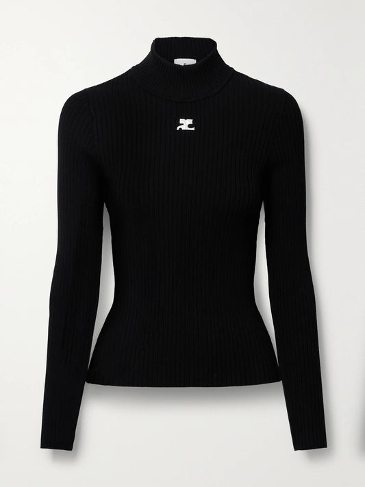 Image of a model wearing Outerwear. Product name - Reedition Embroidered Ribbed-knit Turtleneck Sweater in Black colour by brand - COURREGES