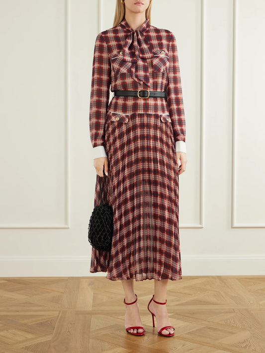 Image of Dresses. Product name - Belted Checked Chiffon Midi Dress in Burgundy colour by brand - Self-Portrait