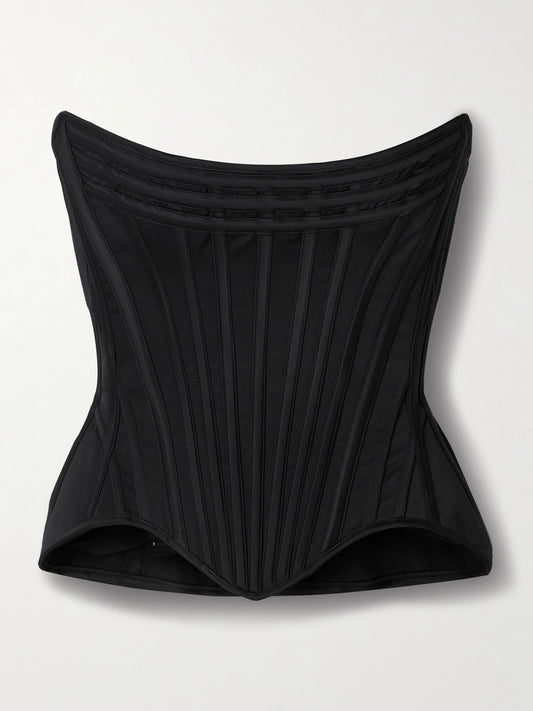 Image of a model wearing Tops. Product name - Wasp Strapless Recycled-satin Bustier Top in Black colour by brand - Wiederhoeft