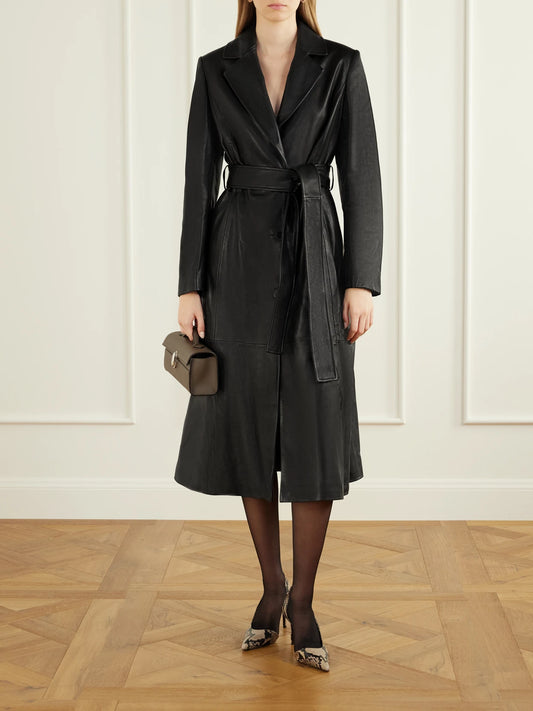 Image of Coats & Jackets. Product name - Camden Belted Leather Coat in Black colour by brand - Nour Hammour