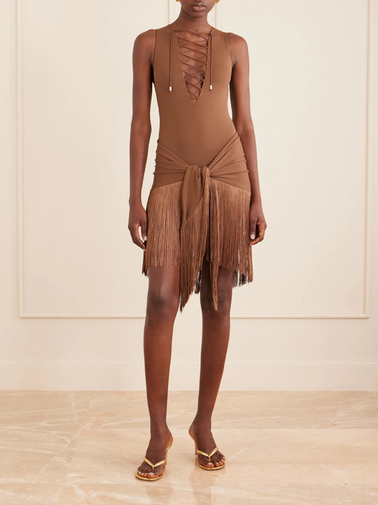 Image of Swimwear. Product name - Sahara Tie-detailed Stretch-jersey One-piece in Brown colour by brand - Taller Marmo