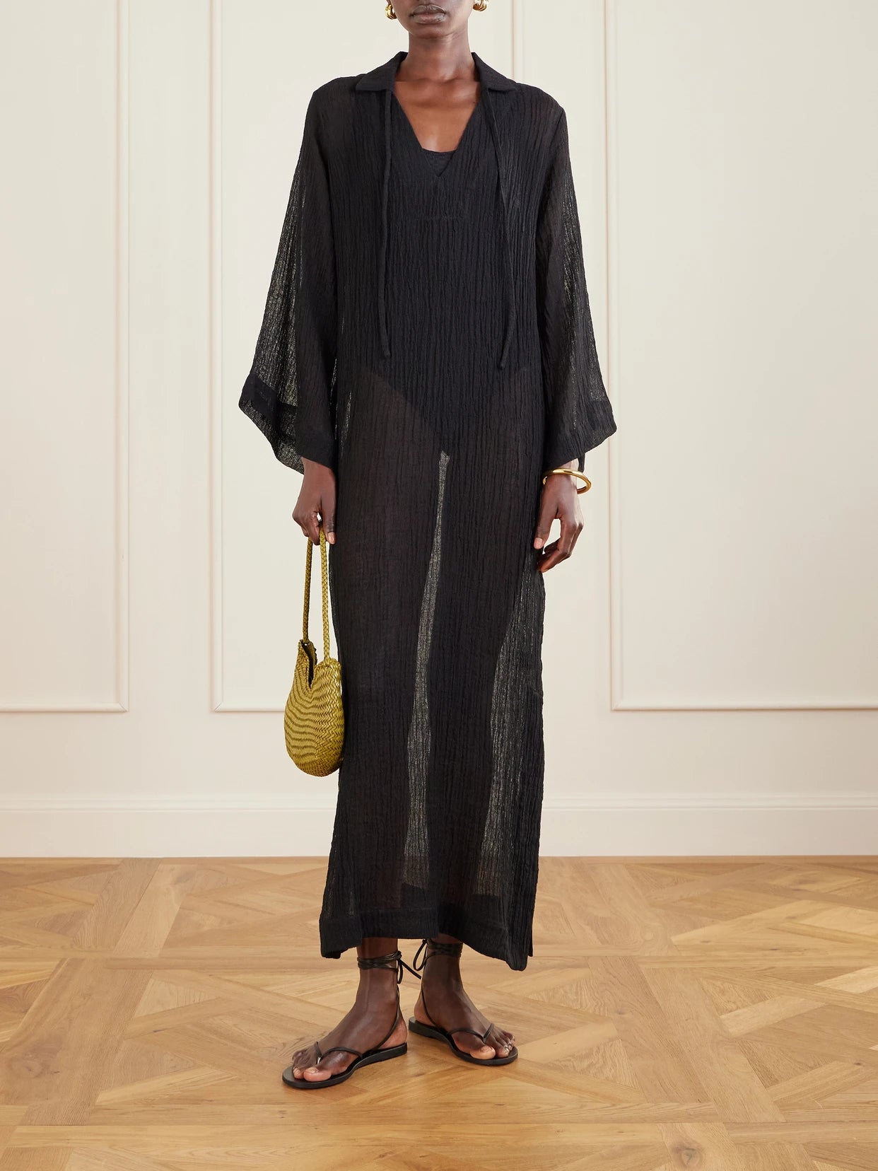 Image of Swimwear. Product name - Crinkled Linen-blend Gauze Kaftan in Black colour by brand - Lisa Marie Fernandez